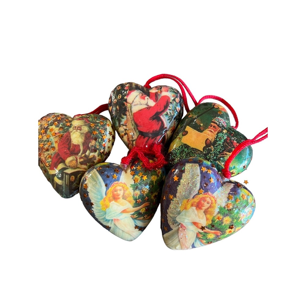 Vintage Style Heart Christmas Ornaments Set of 5 Decoupage Santa Angel Glitter